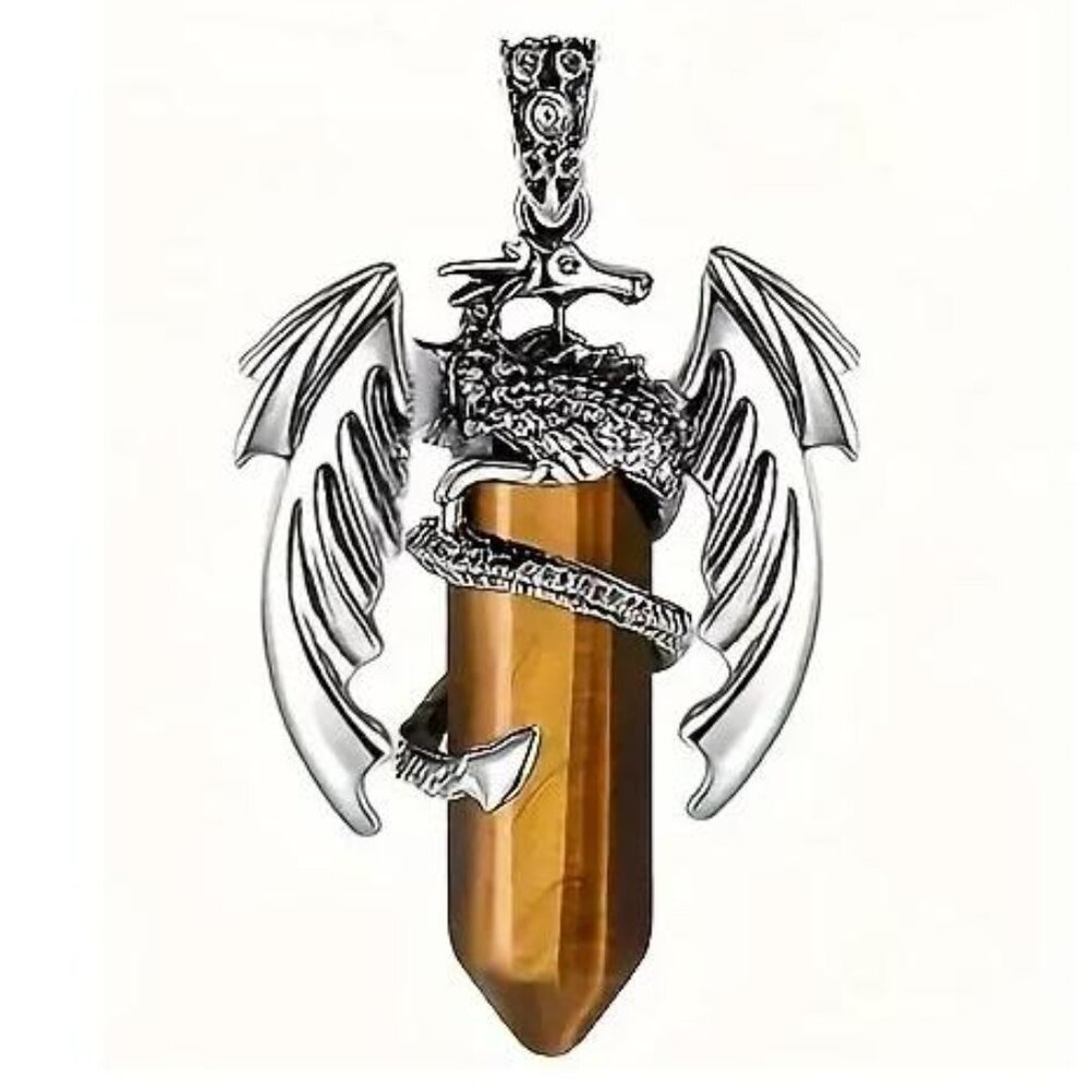 Tiger Eye Natural Gemstone Hexagon Prism Dragon Pendant Necklace Gemstone